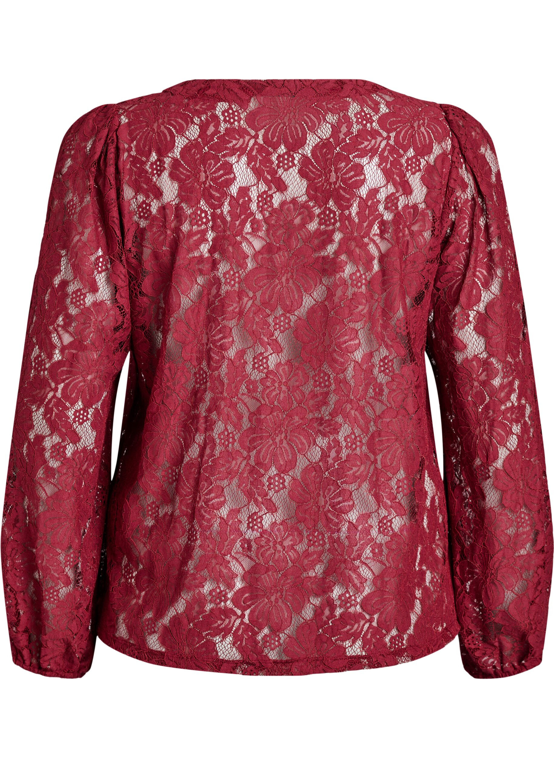 Zizzi Blouse en dentelle avec ouverture devant et liens &agrave; nouer, Bordeaux fonc&eacute;, Packshot image number 1