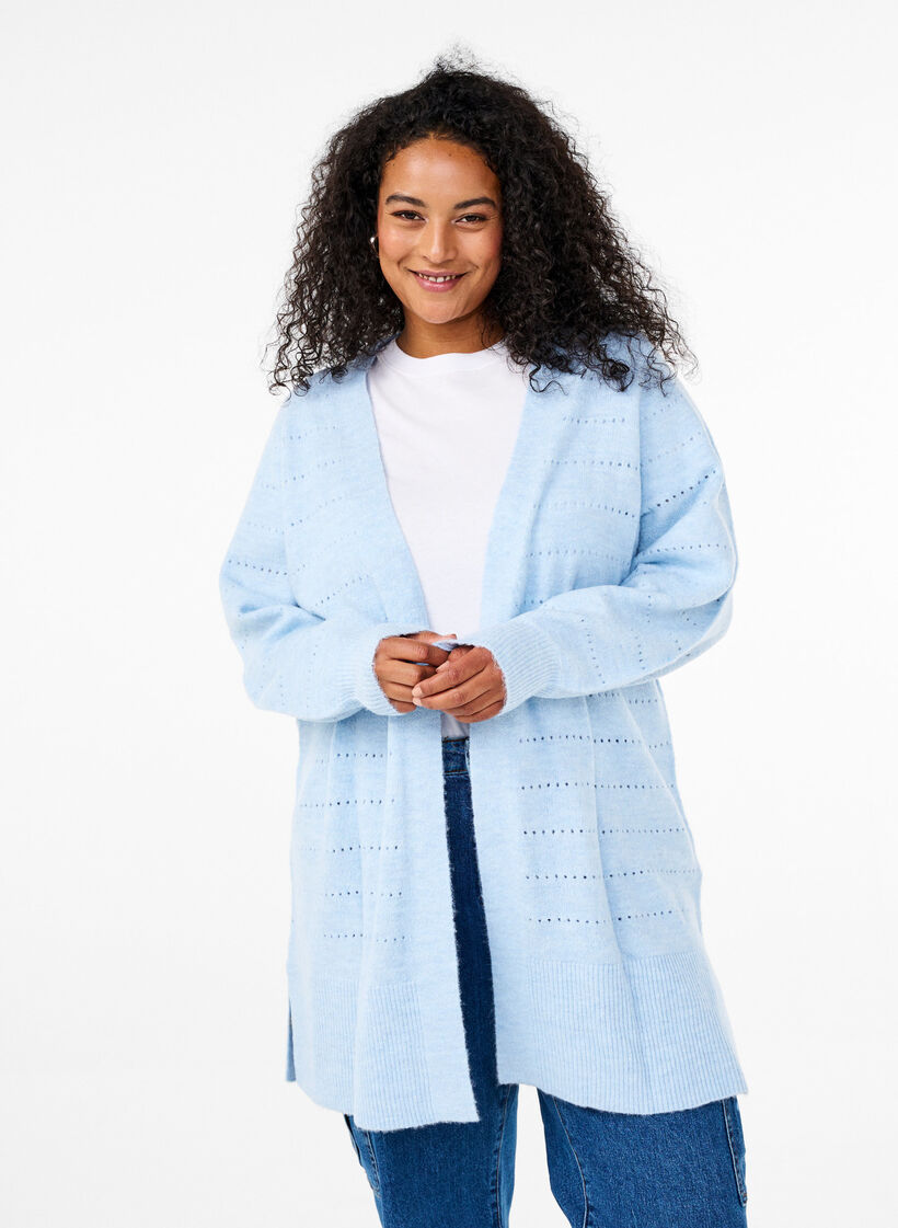 Cardigan long en tricot avec un motif en dentelle, Cashmere Blue Mel., Model image number 0