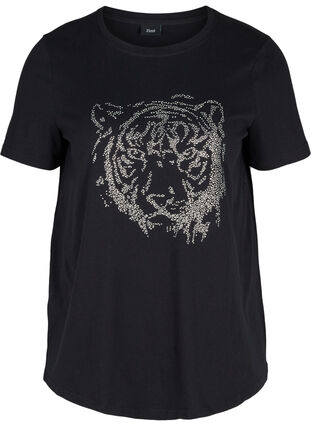 T-shirt en coton bio avec pierres, Black , Packshot image number 0