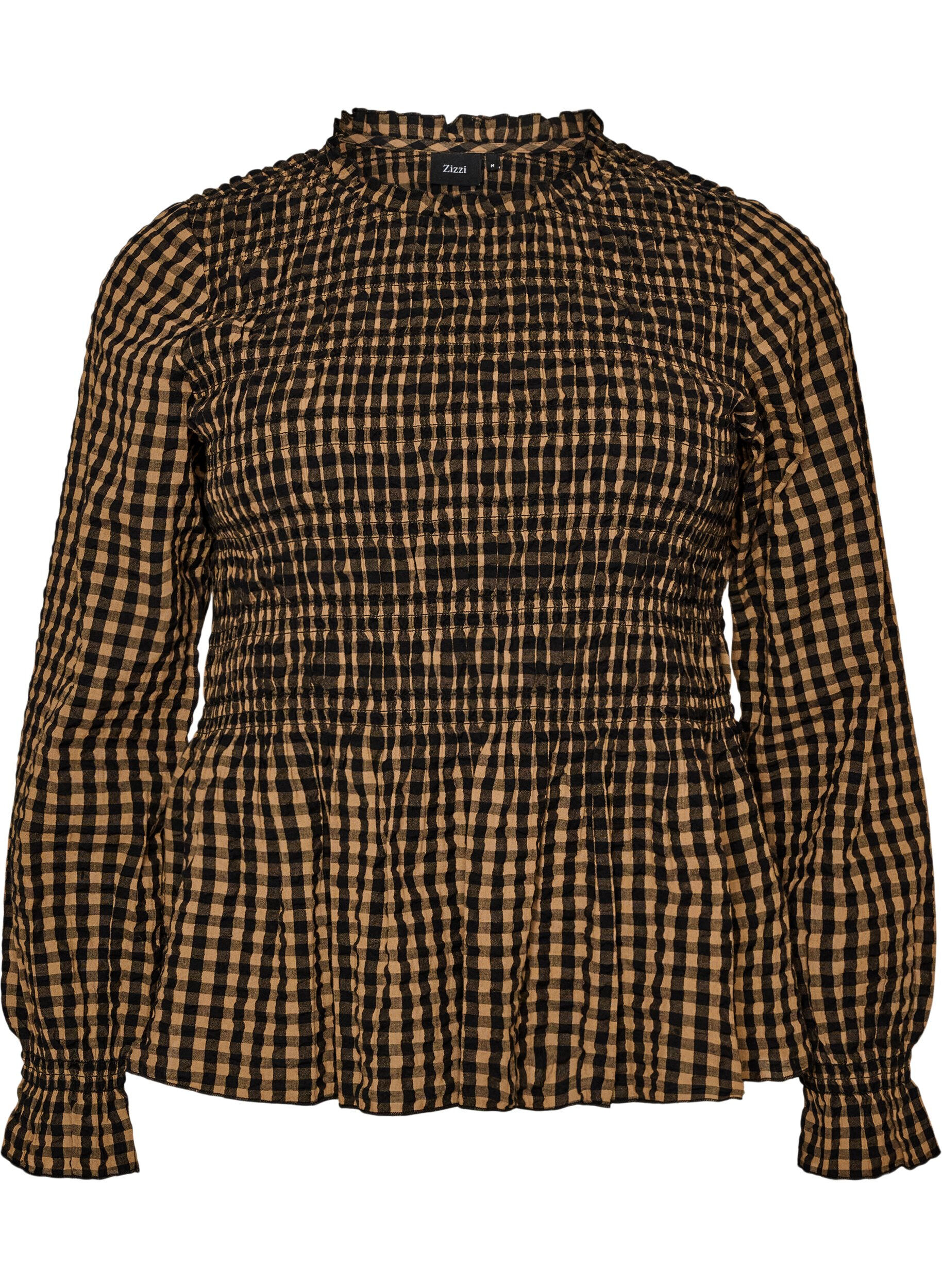 ZizziBlouse &agrave; carreaux avec smocks et basque, Marron, Packshot image number 0