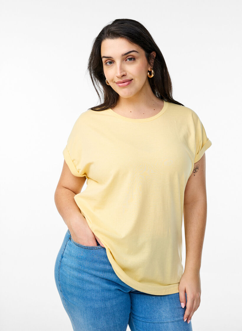T-shirt &agrave; manches courtes en m&eacute;lange de coton, Jaune clair, Model image number 0