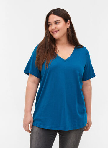 T-shirt en coton bio à col V, Maroccan Blue, Model image number 0