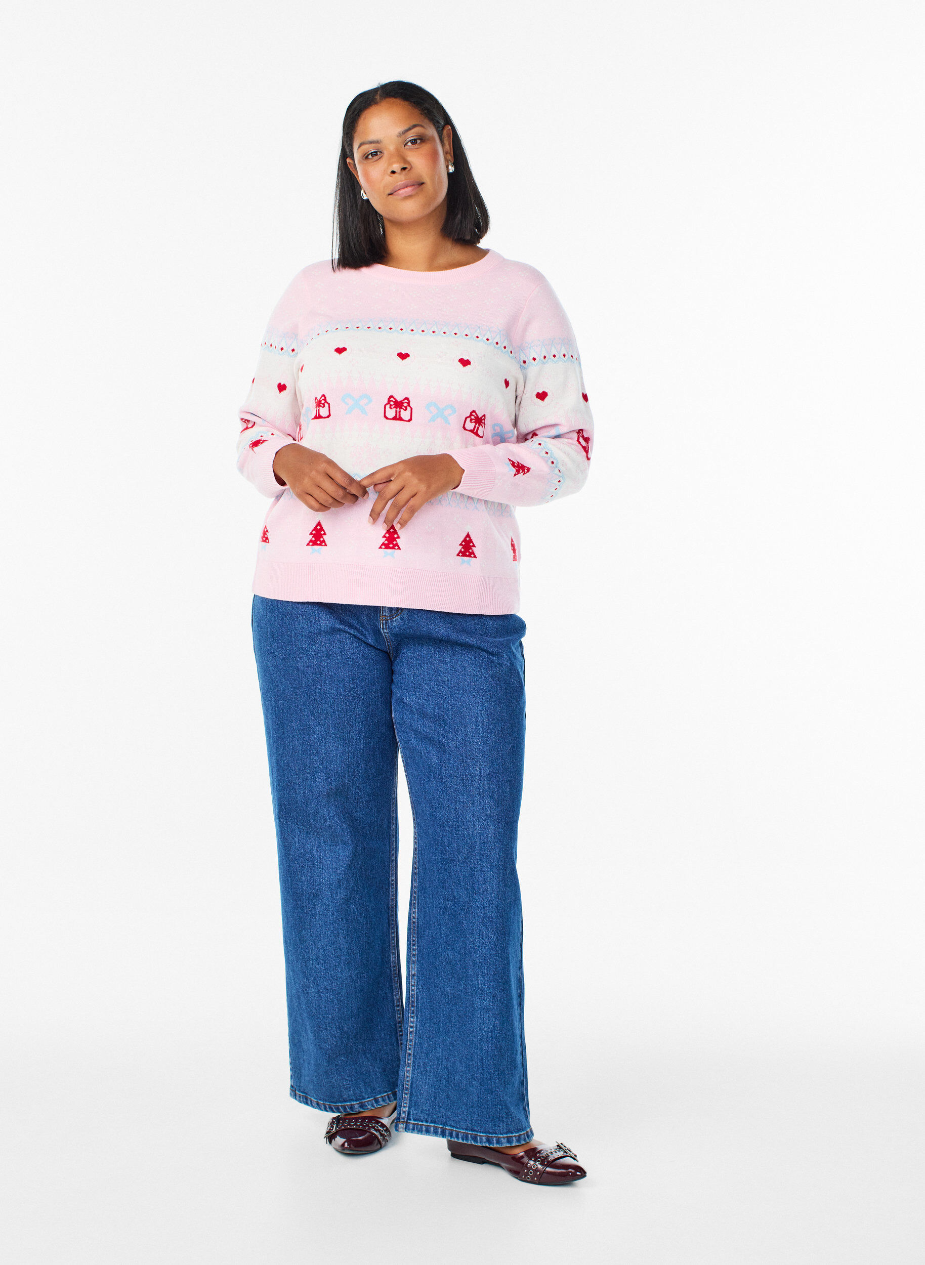 Zizzi Blouse en maille avec motif de No&euml;l, Rose, Model image number 1