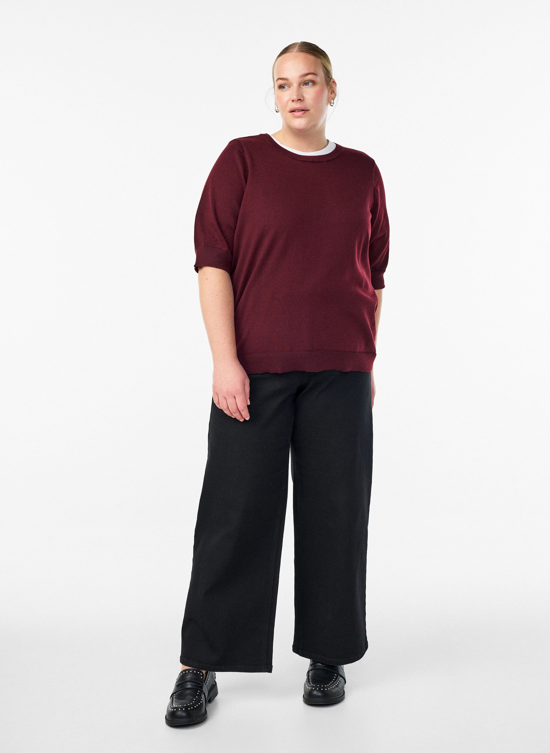 ZizziBlouse en fine maille &agrave; manches courtes, Bordeaux, Model image number 1
