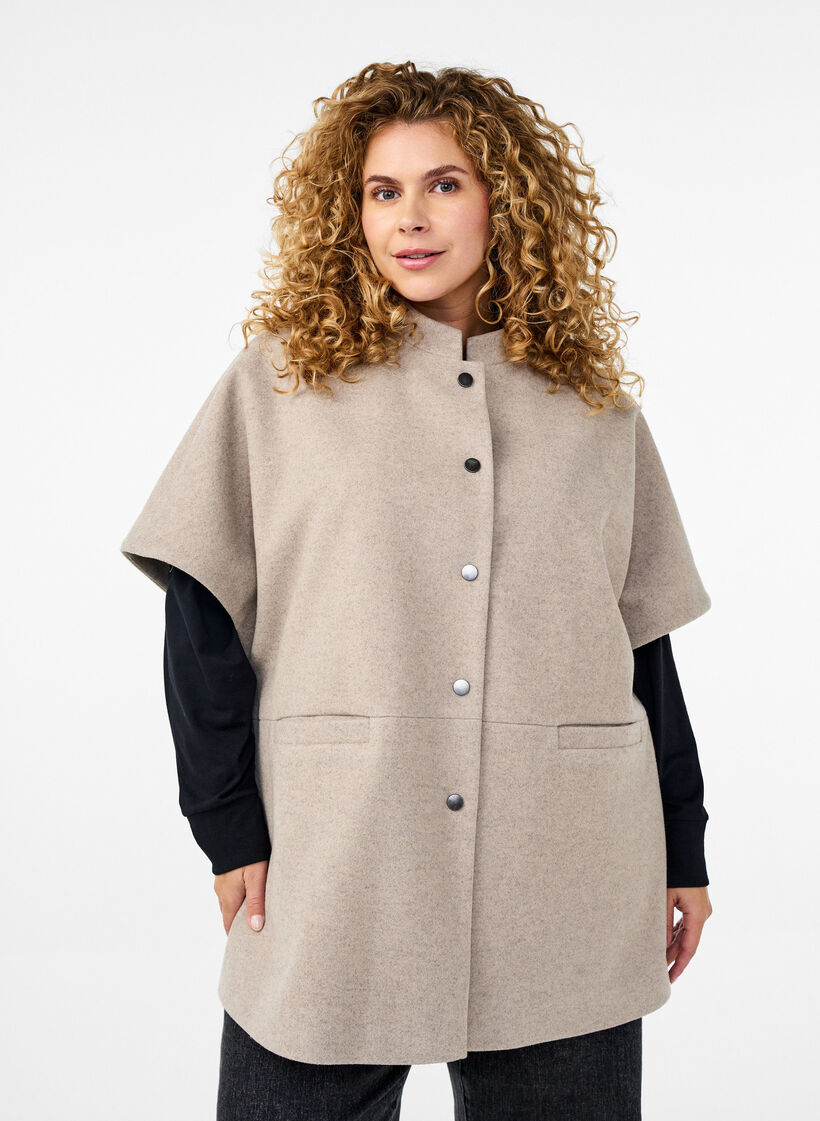 Veste cape en tissu imitation laine et à manches courtes, Simply Taupe Mel., Model image number 0