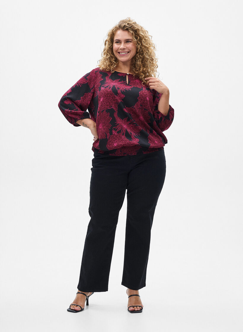 Blouse en viscose &agrave; imprim&eacute; floral et smocks, Bordeaux fonc&eacute;, Model image number 1