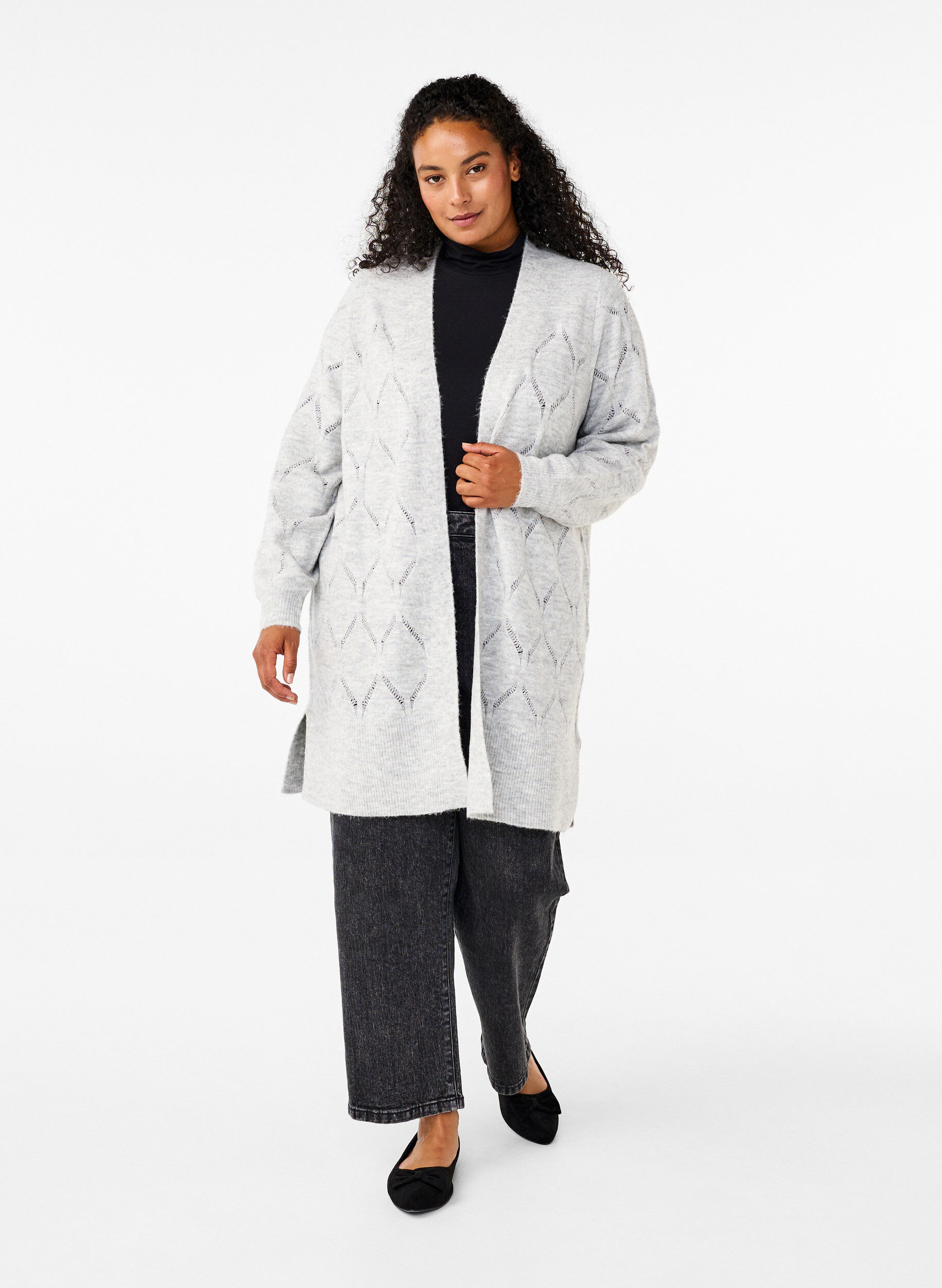 Zizzi Cardigan en maille &agrave; manches longues, Light Grey Melange, Model image number 2