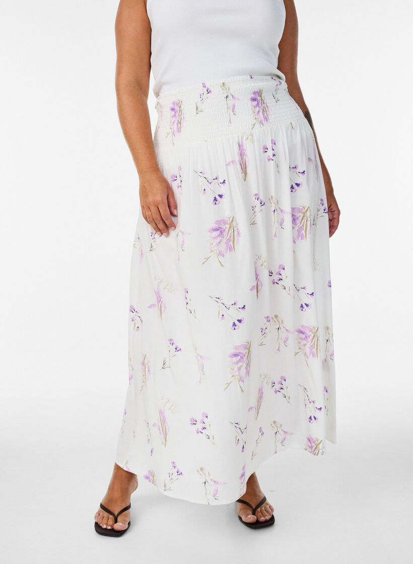 Jupe longue en viscose avec smocks, Blanc, Model image number 0