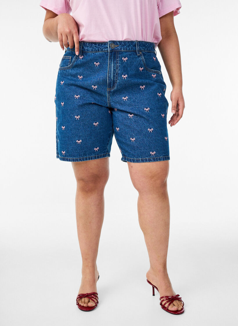 Short en jean brod&eacute;, Bleu, Model image number 3