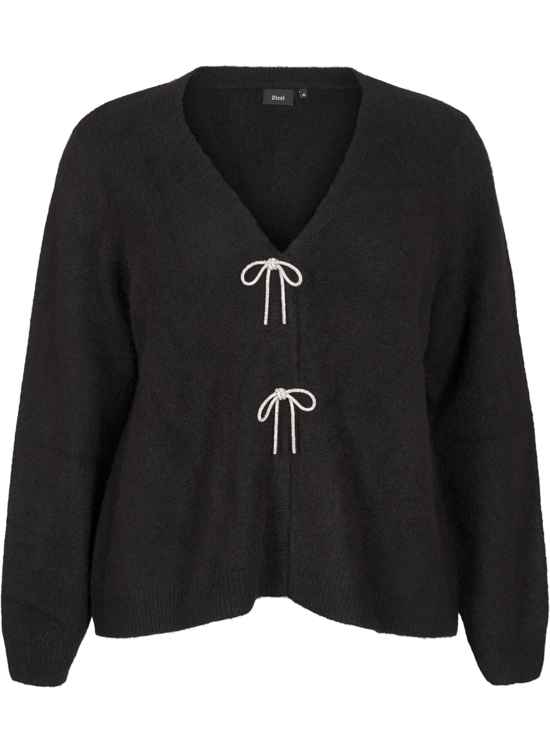 Zizzi Cardigan tricot&eacute; avec un n&oelig;ud en argent, Black, Packshot image number 0