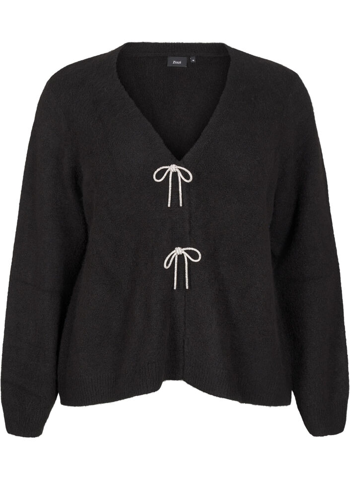 Cardigan tricoté avec un nœud en argent, Black, Packshot image number 0