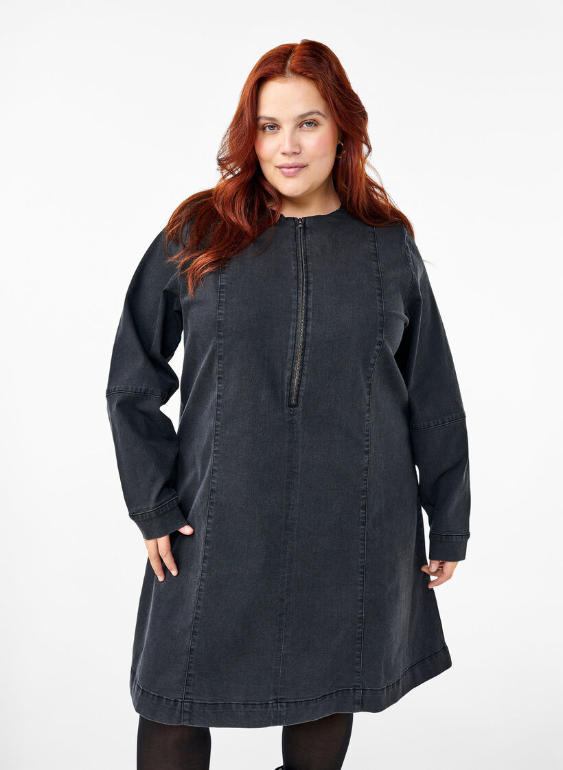 Robe en jean forme trapèze avec fermeture éclair, Grey Washed, Model image number 0