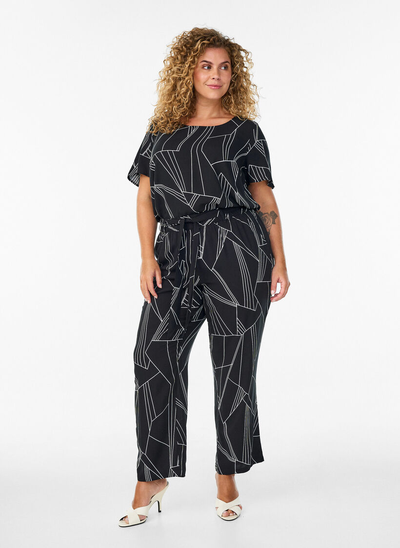 Blouse en viscose &agrave; manches courtes avec imprim&eacute;, Noir, Model image number 1