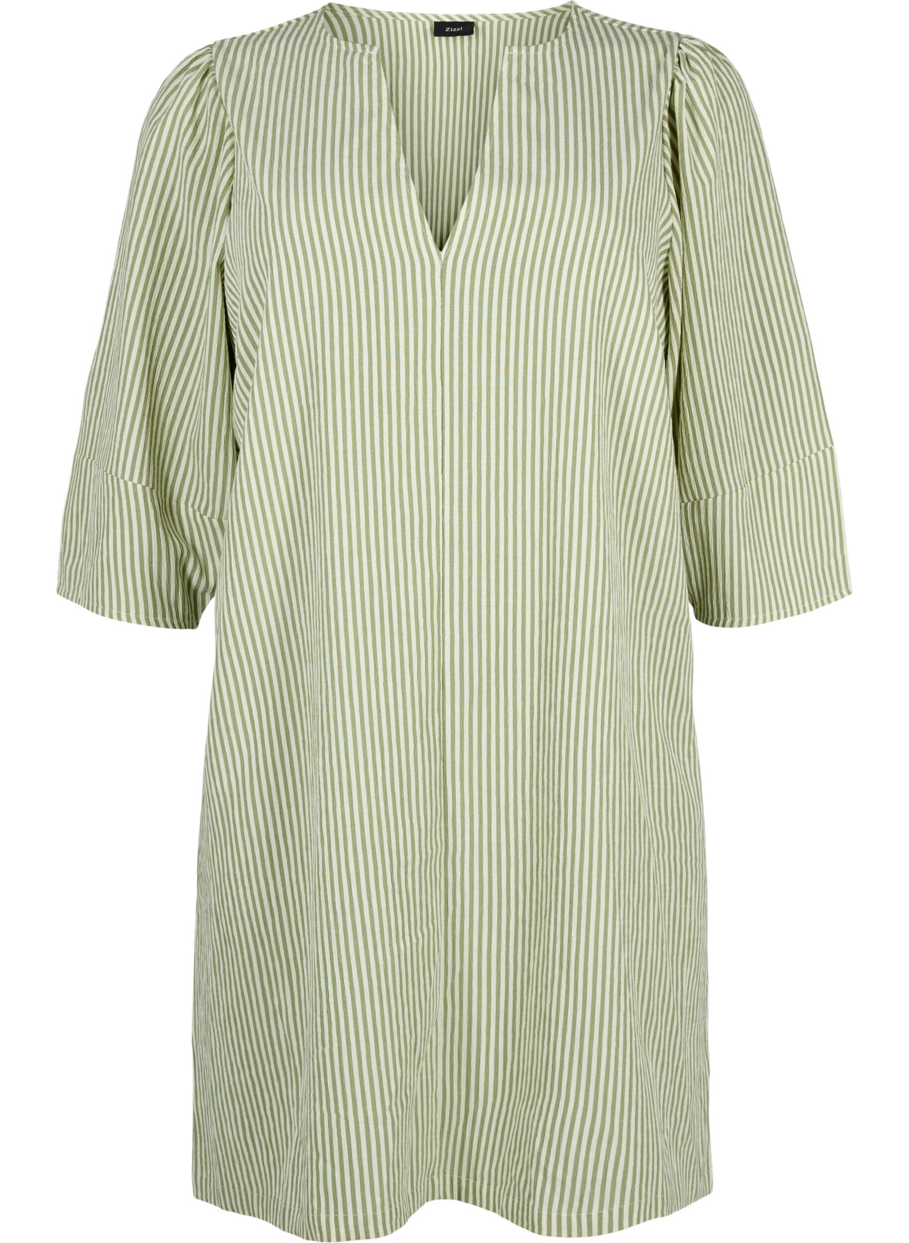 Zizzi Robe ray&eacute;e &agrave; manches 3/4, Green Stripe, Packshot image number 0