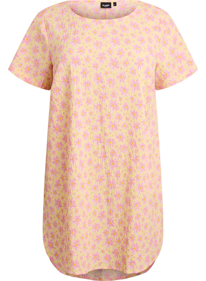 Robe courte avec texture froiss&eacute;e et manches courtes, Jaune, Packshot image number 0