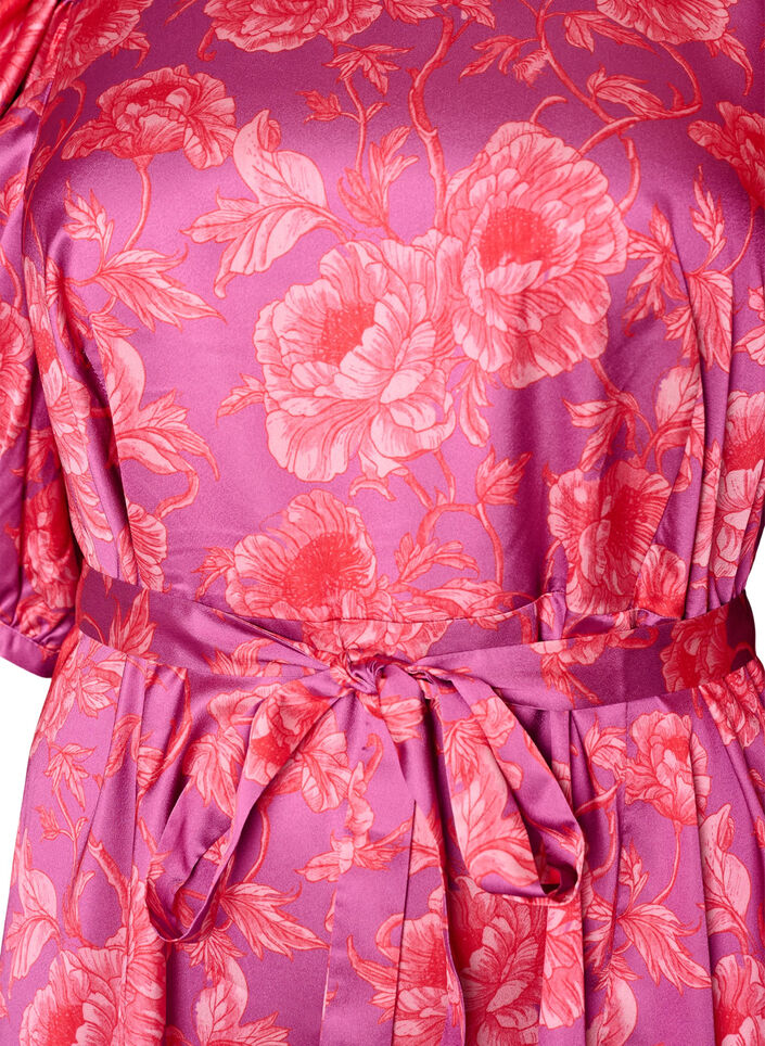 Robe &agrave; fleurs avec manches bouffantes et ceinture &agrave; nouer, Rose, Packshot image number 2