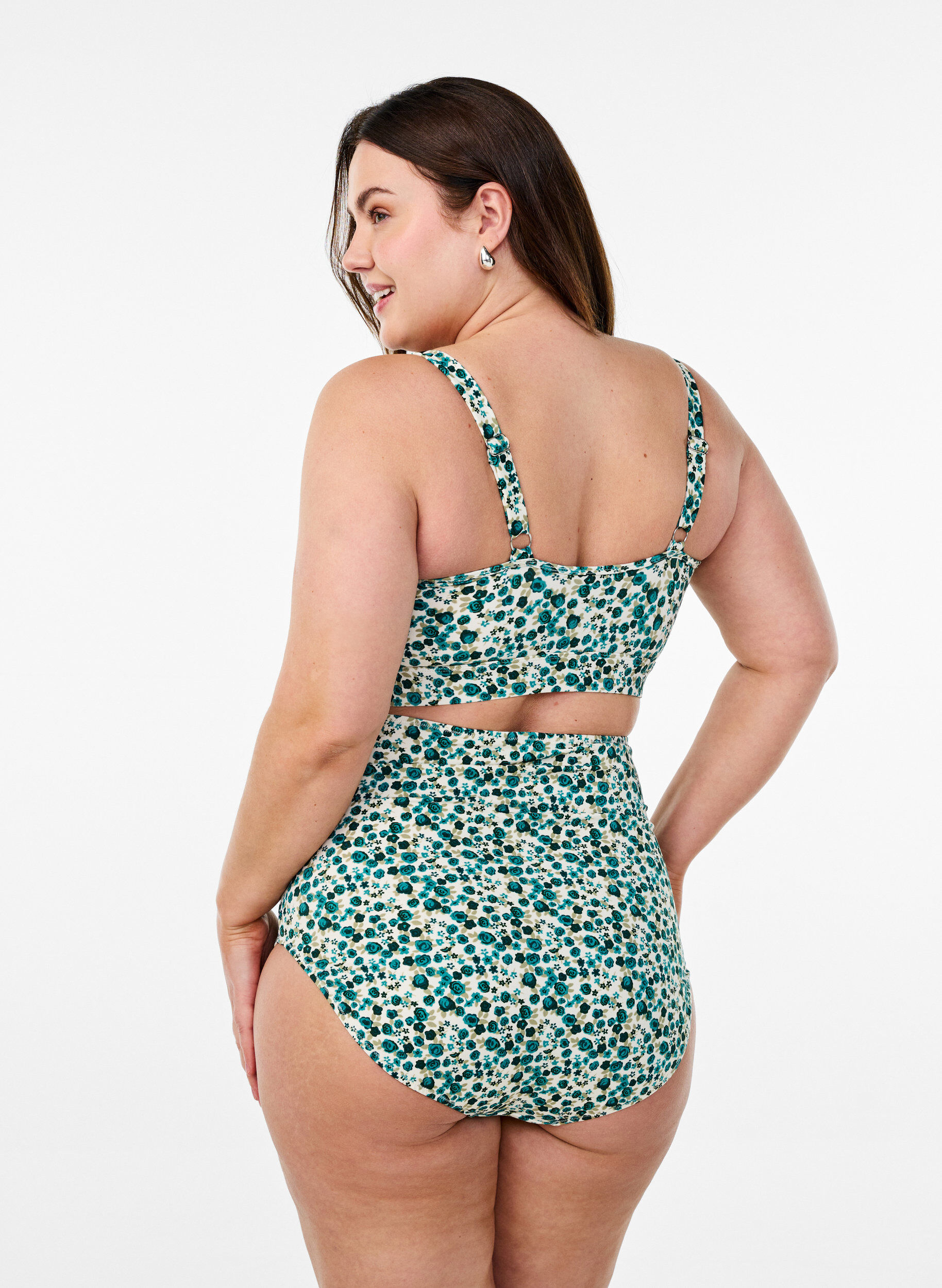 ZizziHaut de bikini &agrave; fleurs et &agrave; d&eacute;tails de jabot, Vert, Model image number 2