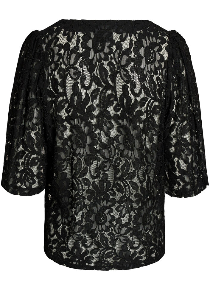Blouse en dentelle &agrave; manches courtes et col V, Noir, Packshot image number 1