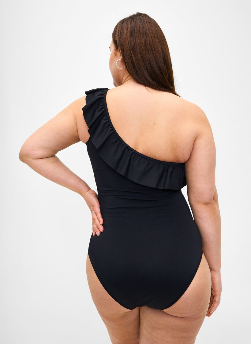 Maillot de bain épaule dénudée avec volants, Black, Model image number 1