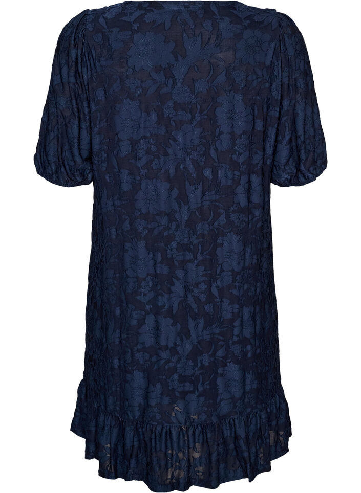 Robe &agrave; texture florale et bordure &agrave; volants, Bleu, Packshot image number 1