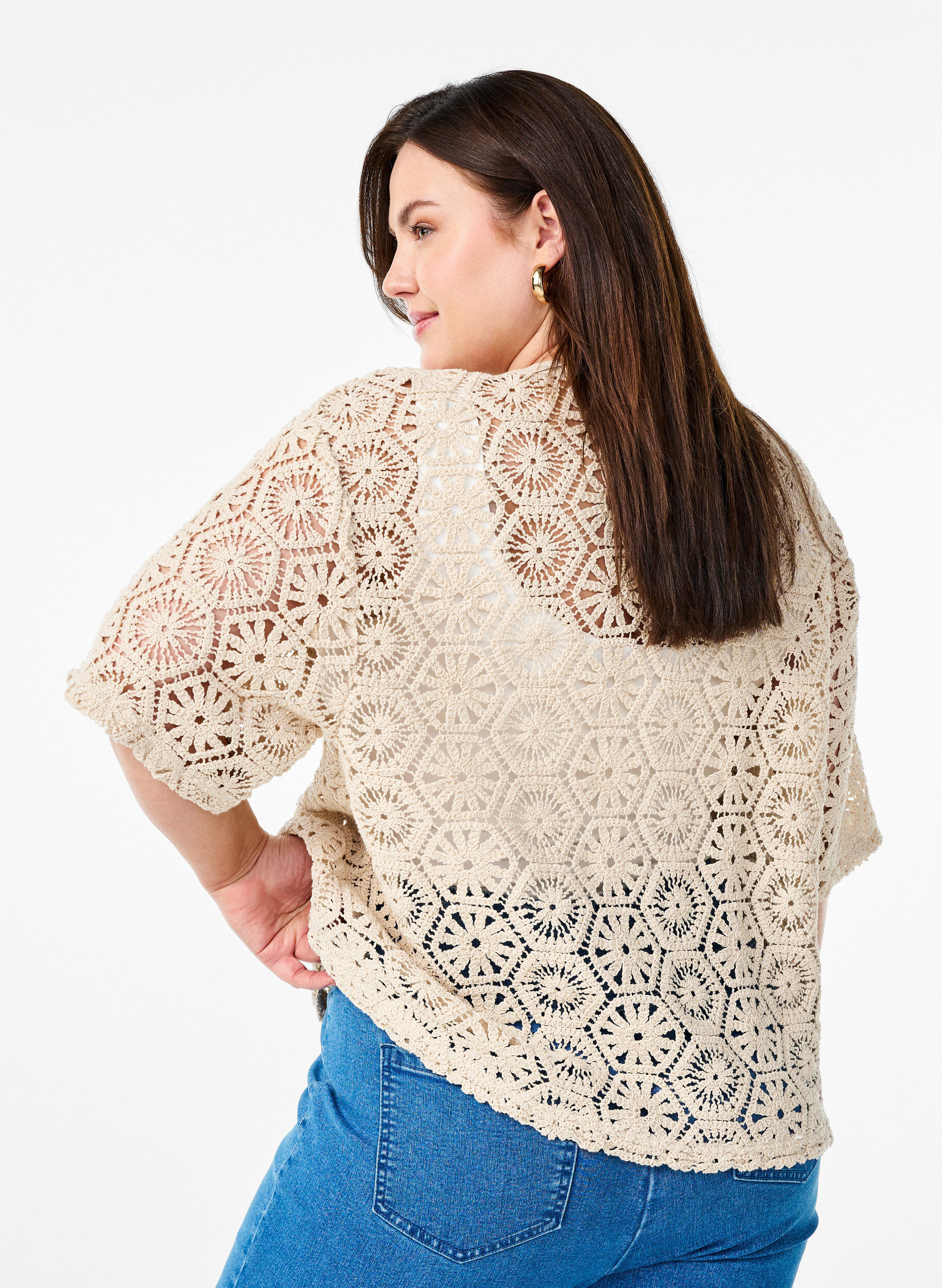 Zizzi Cardigan court en crochet, Beige, Model image number 2