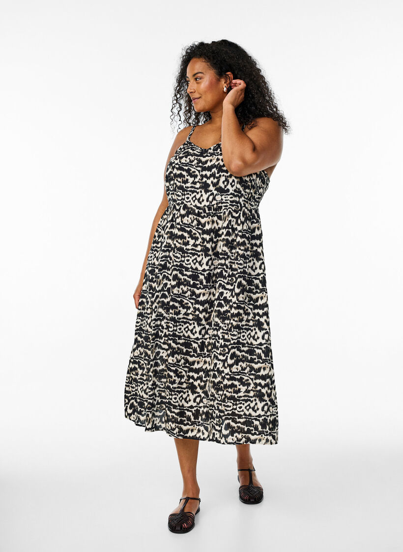 Robe mi-longue avec bretelles et dos élastiqué, Noir, Model image number 0