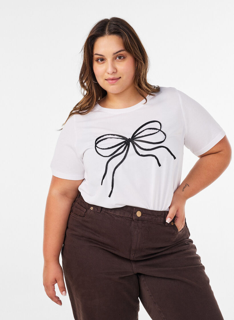 T-shirt en coton biologique avec motif d&eacute;coratif, Blanc, Model image number 0