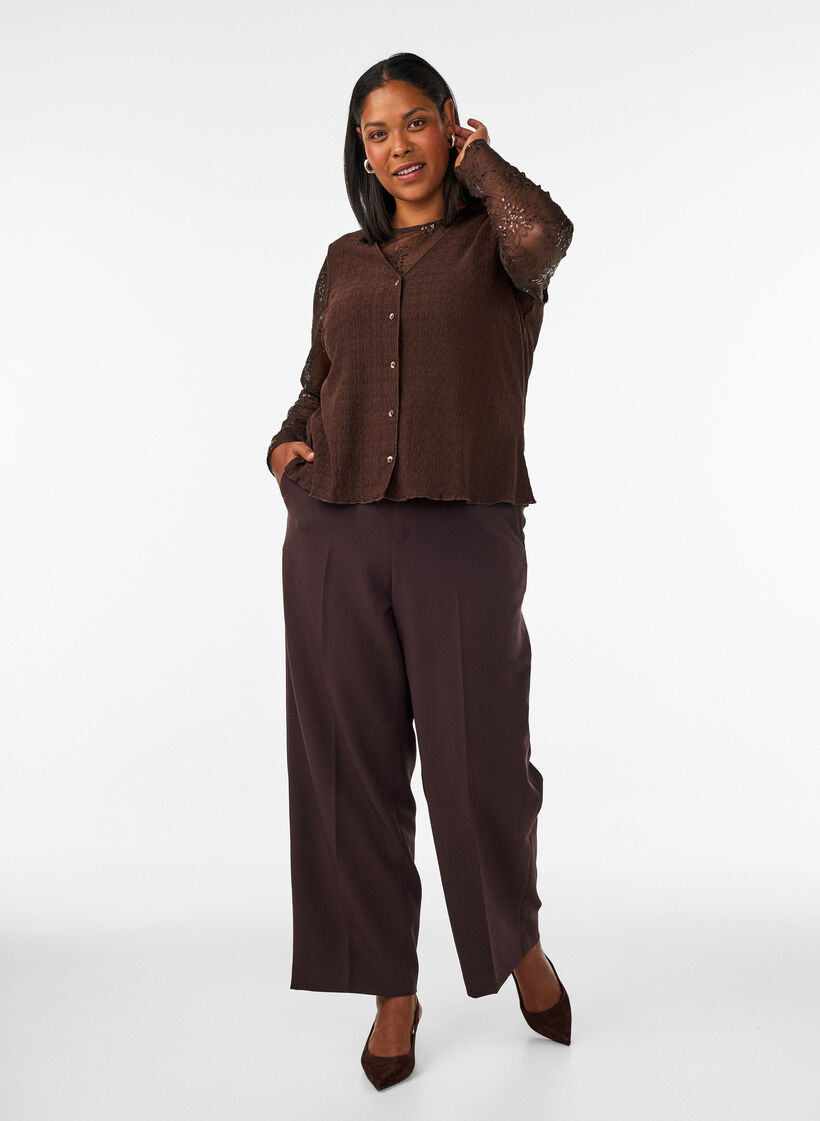 Pantalon tailleur large &agrave; taille haute, Marron, Model image number 0