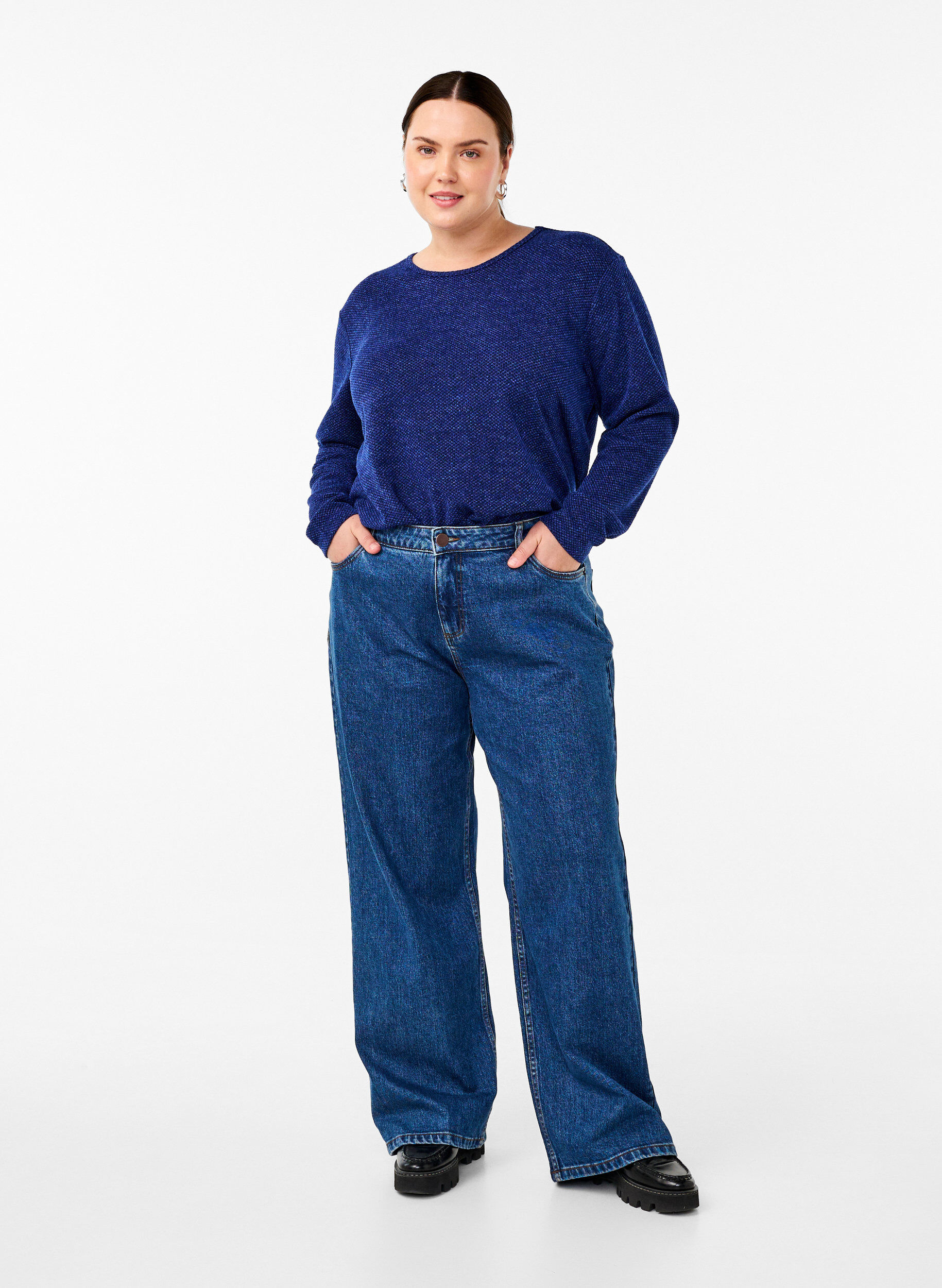 Zizzi Chemisier en m&eacute;lange avec col rond et manches longues, Sodalite Blue, Model image number 2