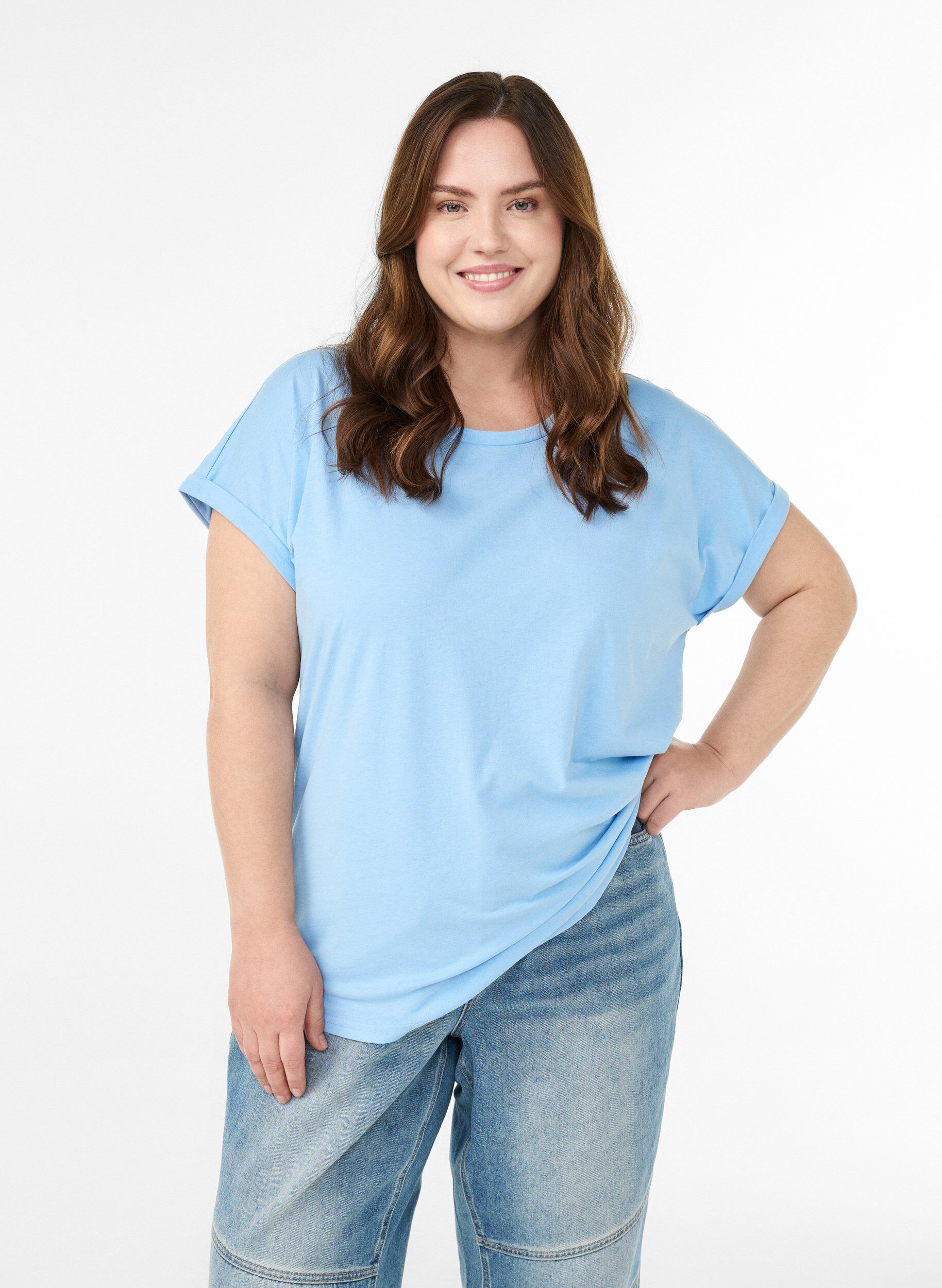 T-shirt &agrave; manches courtes en m&eacute;lange de coton, Bleu Clair, Model
