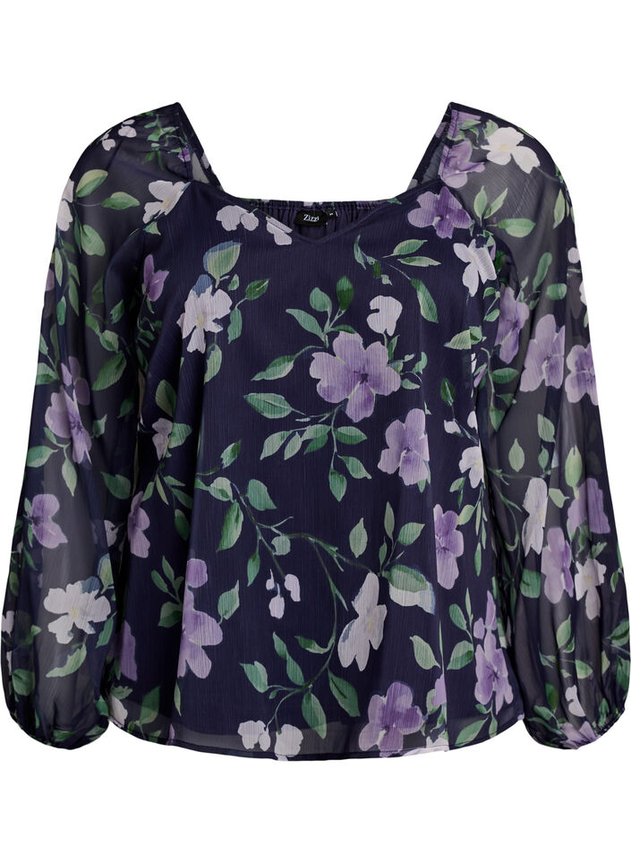 Chemisier en mousseline avec imprim&eacute; floral et manches longues, Bleu, Packshot image number 0