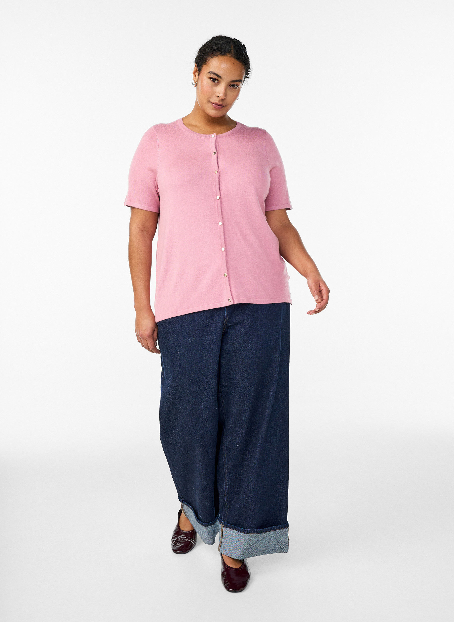 Zizzi Cardigan en maille &agrave; manches courtes en viscose, Rose, Model image number 1