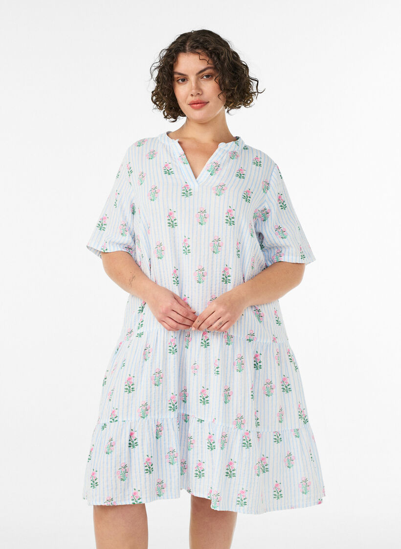 Robe courte &eacute;vas&eacute;e en mousseline de coton, Vanille, Model image number 0