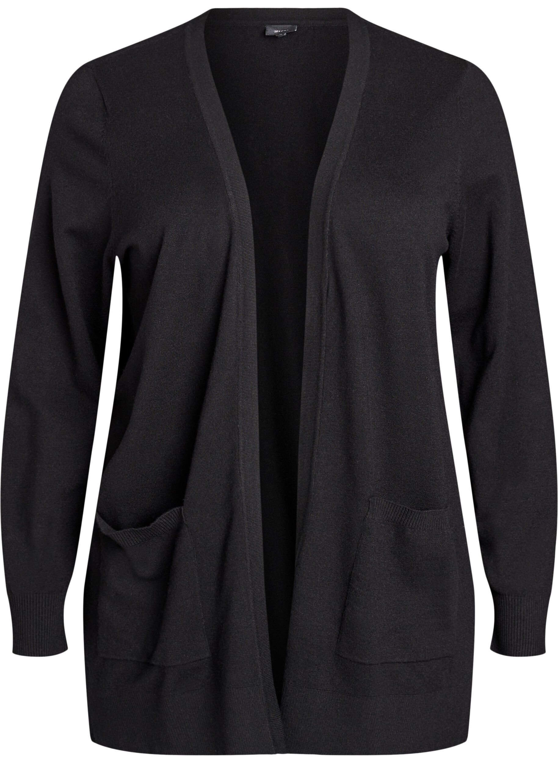 Zizzi Cardigan long en maille ouvert avec poches, Noir, Packshot image number 0