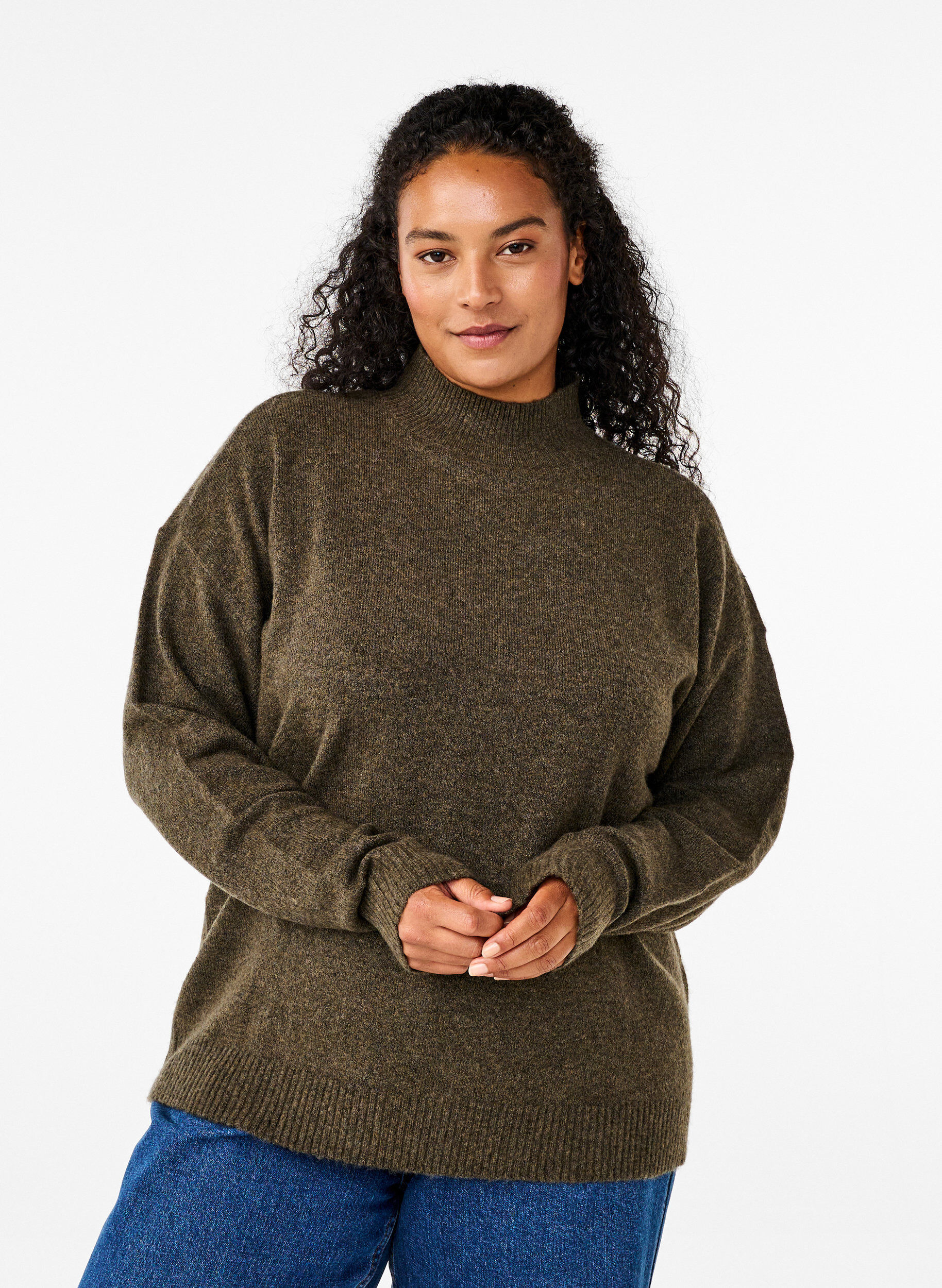 Zizzi Chemisier en laine tricot&eacute;e &agrave; col montant, Sea Turtle Mel., Model image number 0