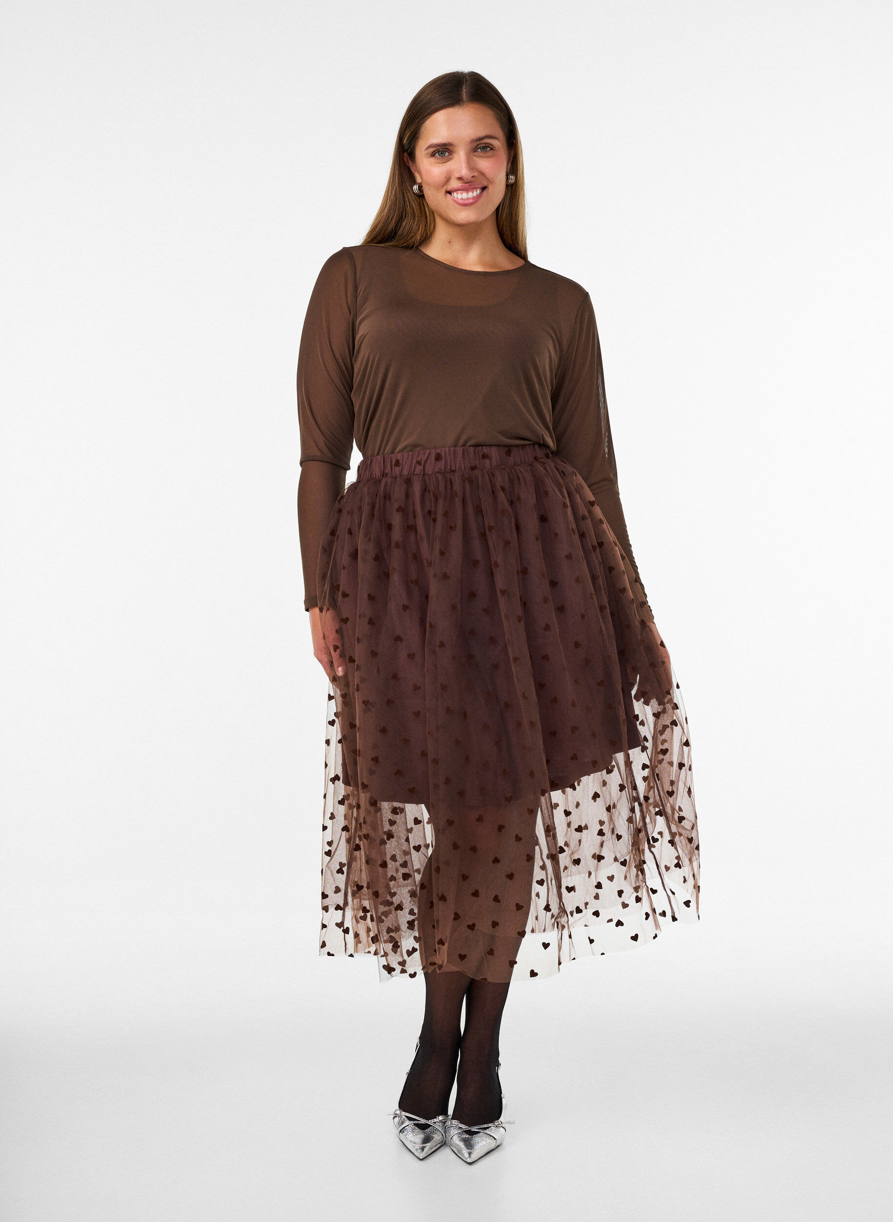 ZizziJupe midi en tulle avec des c&oelig;urs, Marron, Model image number 1