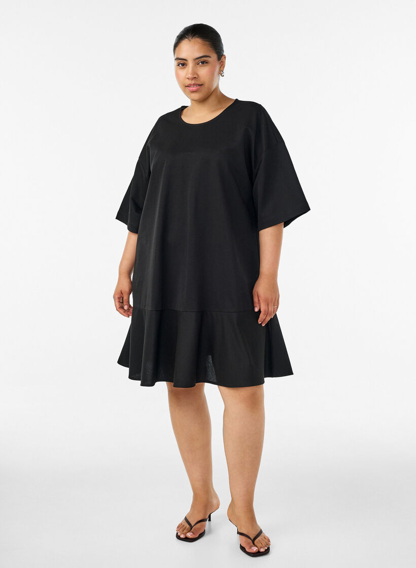Robe courte ample avec ourlet &agrave; volants, Noir, Model image number 1