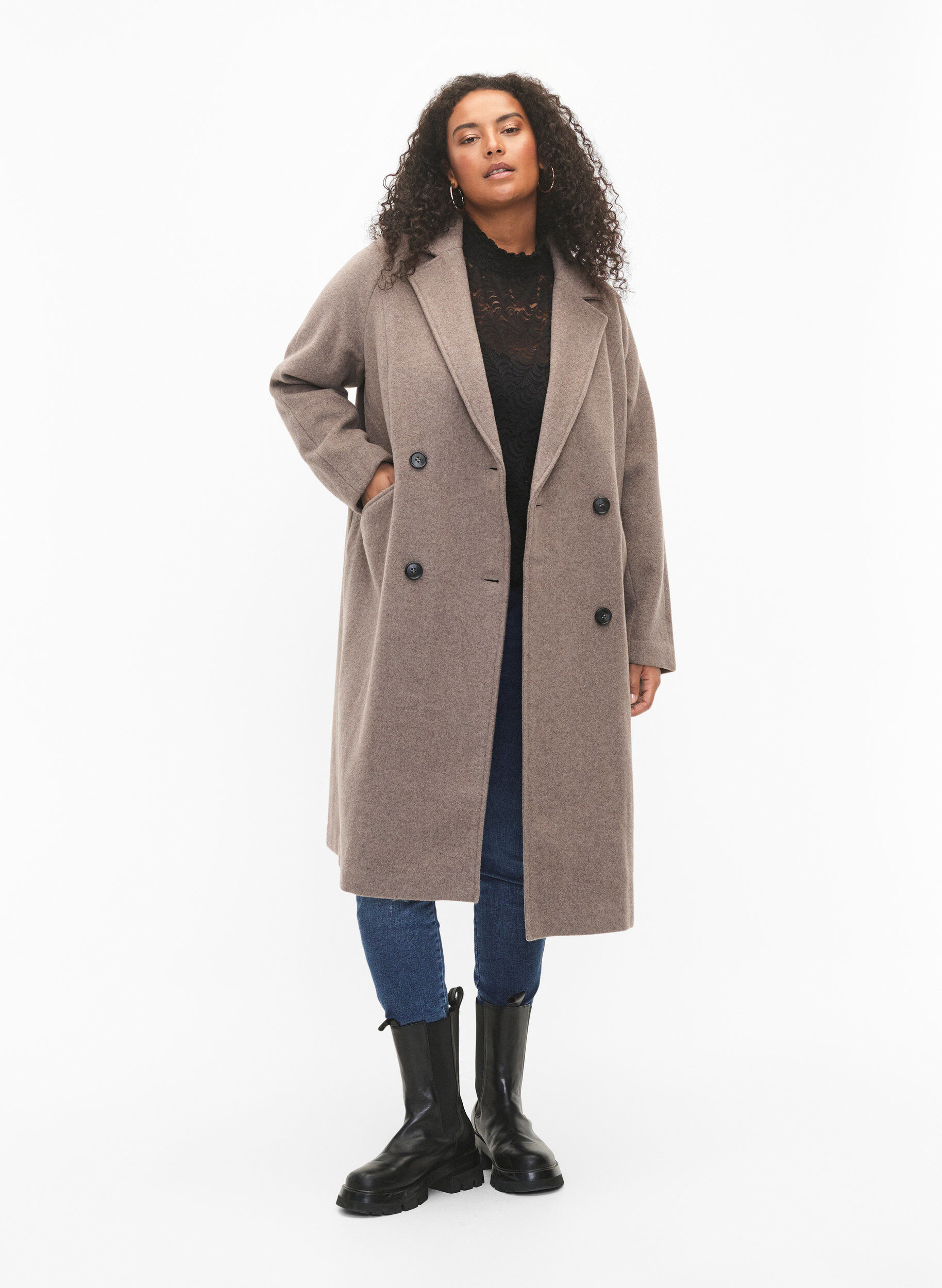 Zizzi Manteau en laine avec boutons et poches, Moon Rock Mel., Model image number 3