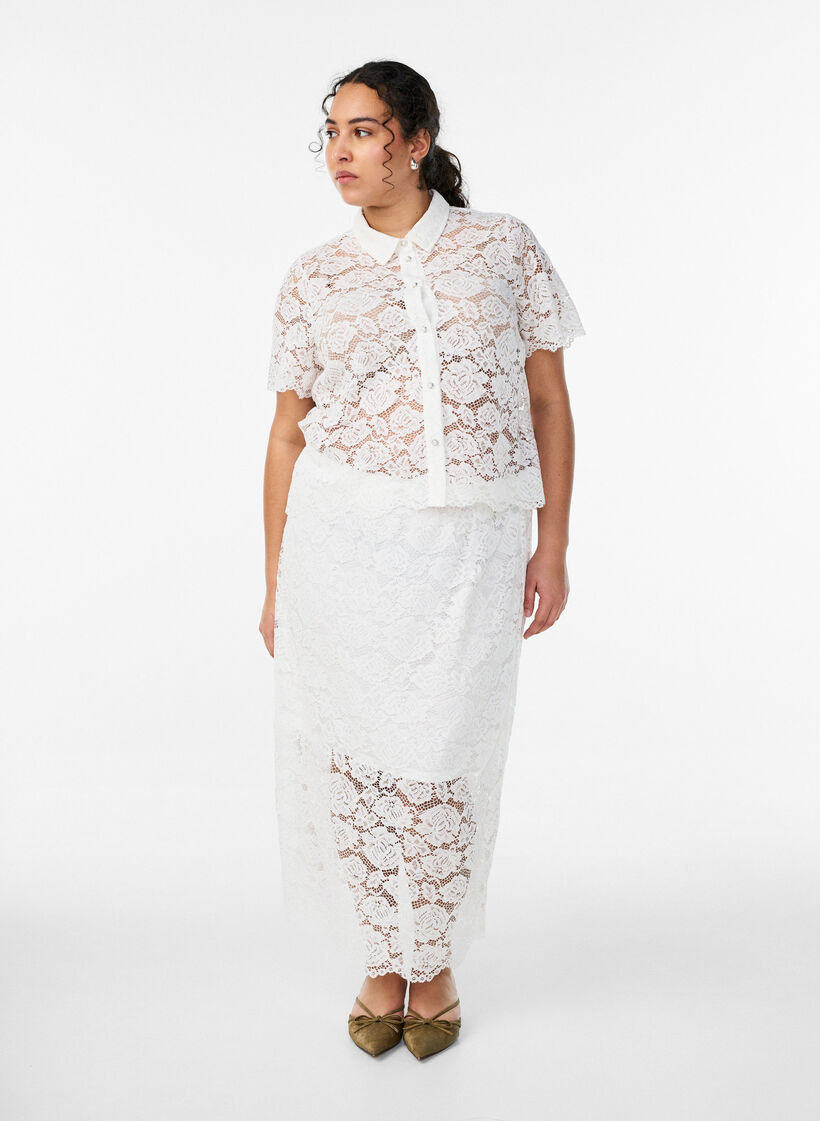 Jupe midi en dentelle avec taille &eacute;lastique, Blanc, Model image number 1