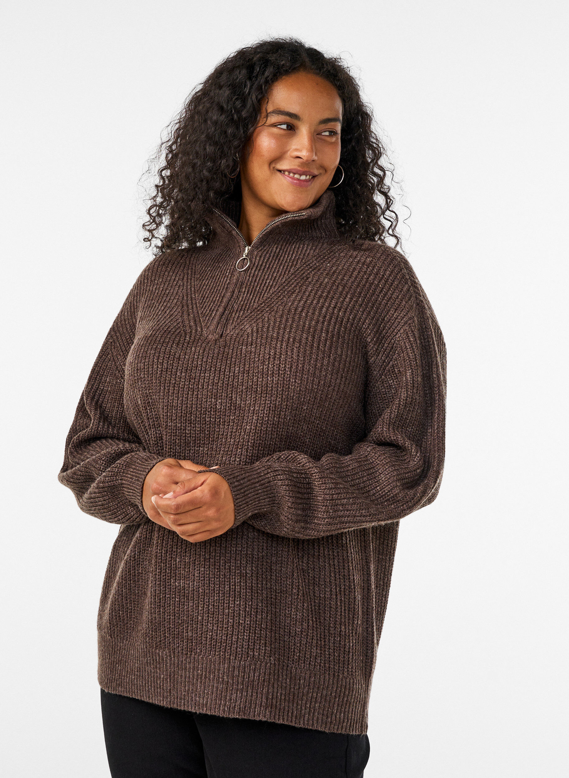 ZizziPull en tricot avec col haut et fermeture &eacute;clair, Marron, Model image number 0
