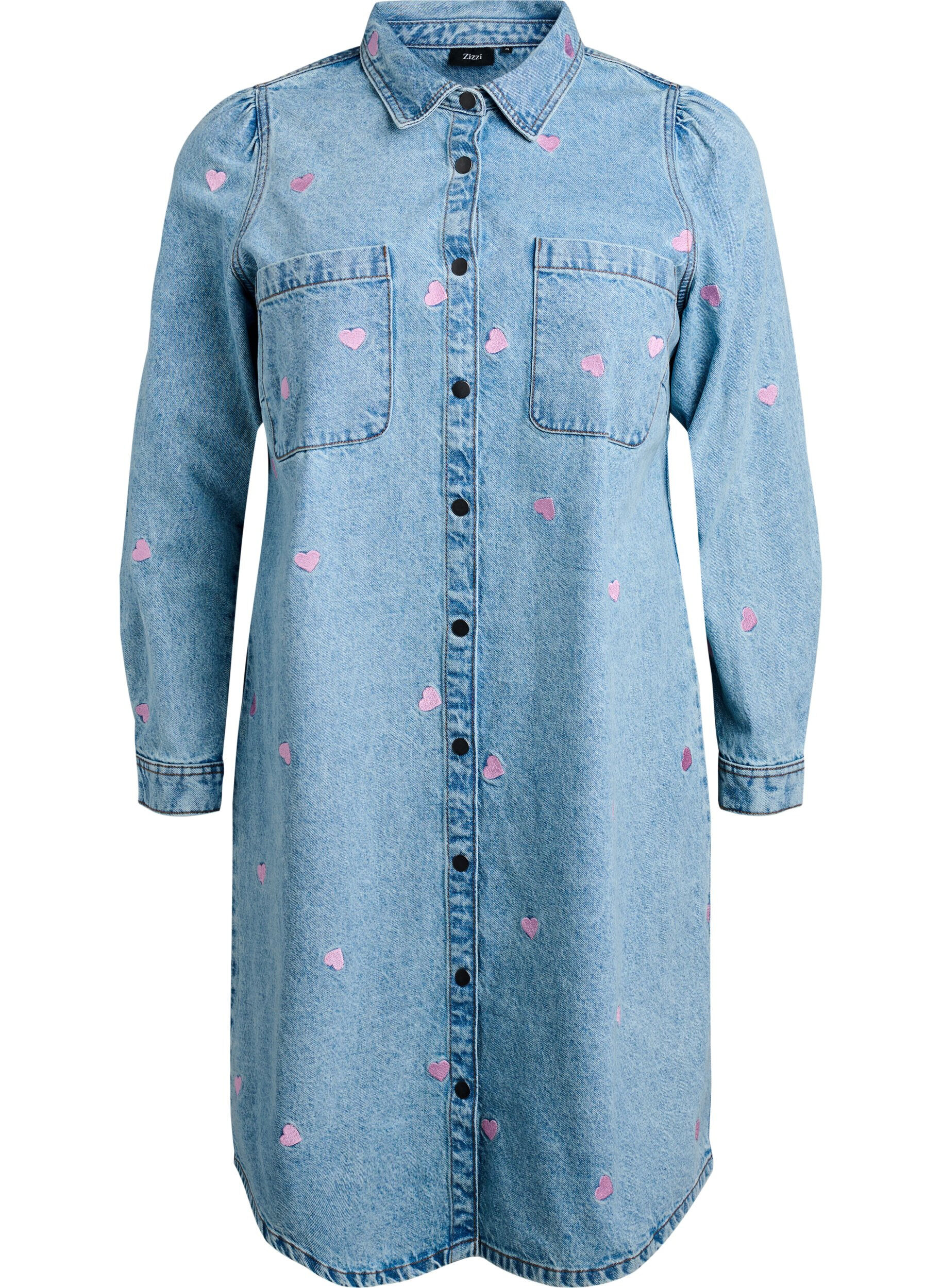 Zizzi Robe en jean avec imprim&eacute; cerises et poches poitrine, Bleu Clair, Packshot image number 0