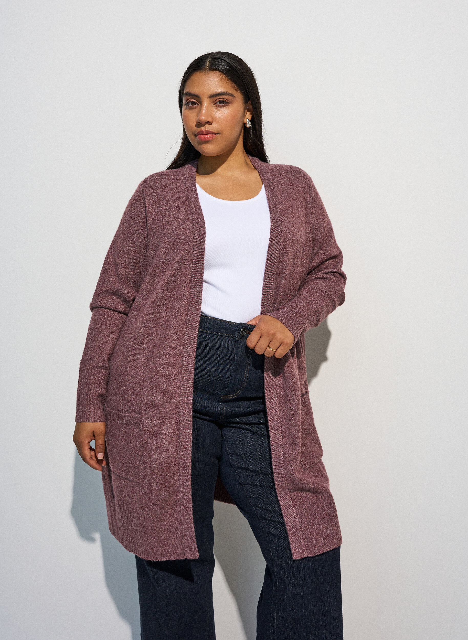 Cardigan en tricot c&ocirc;tel&eacute; avec poches, Rose poudr&eacute;e, Model