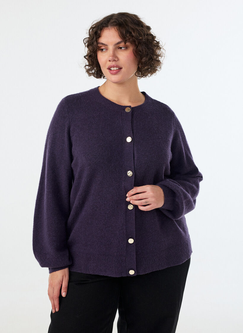 Cardigan en maille douce avec boutons dor&eacute;s, Violet, Model image number 0