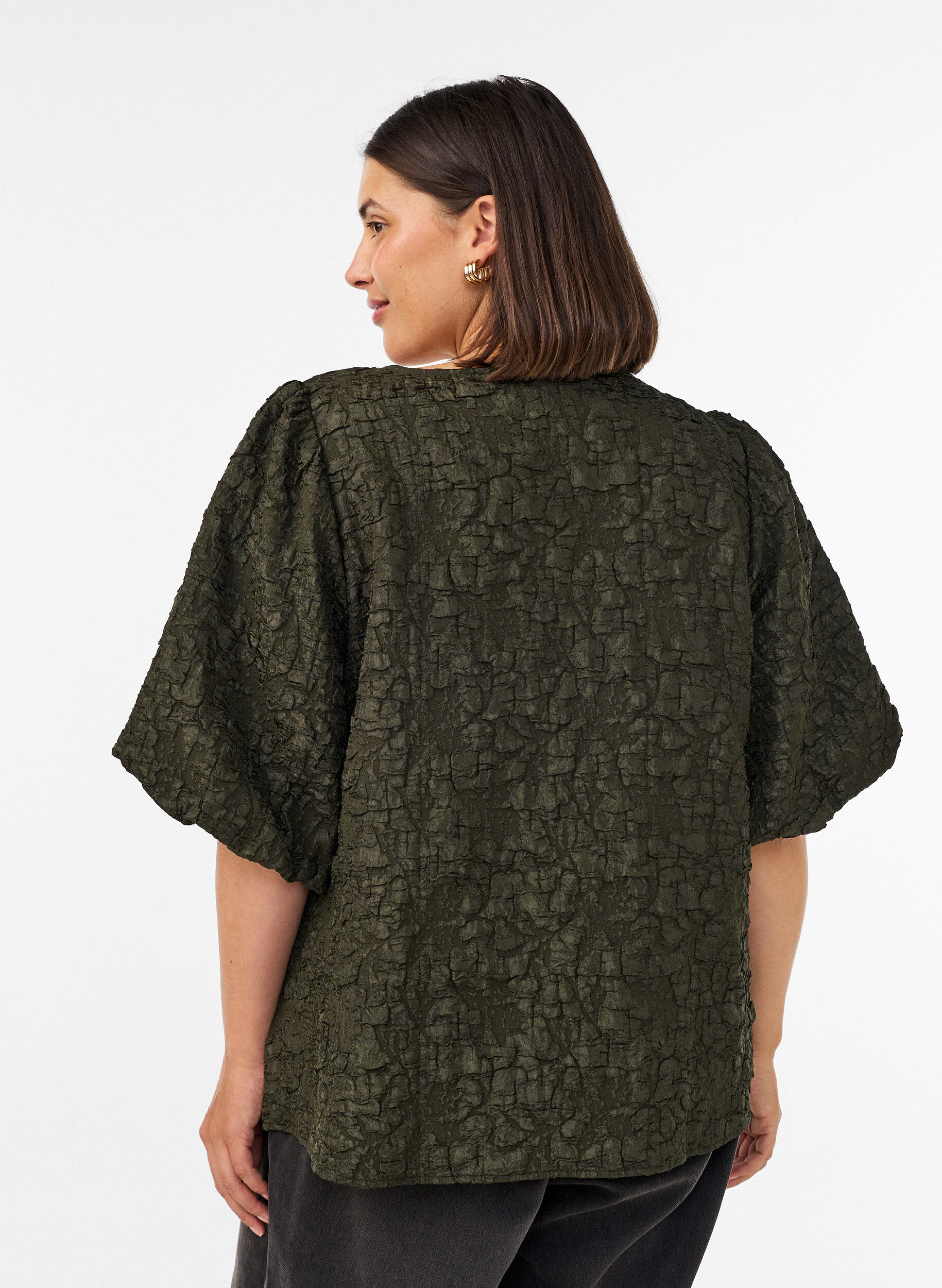 ZizziBlouse en jacquard avec des manches bouffantes et une coupe &eacute;vas&eacute;e, Vert fonc&eacute;, Model image number 2
