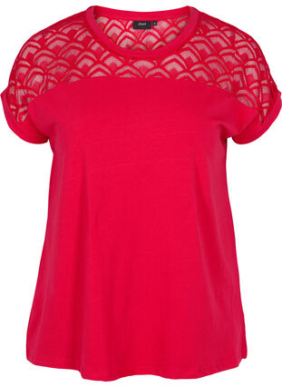 T-shirt en coton à manches courtes avec dentelle, Tango Red, Packshot image number 0