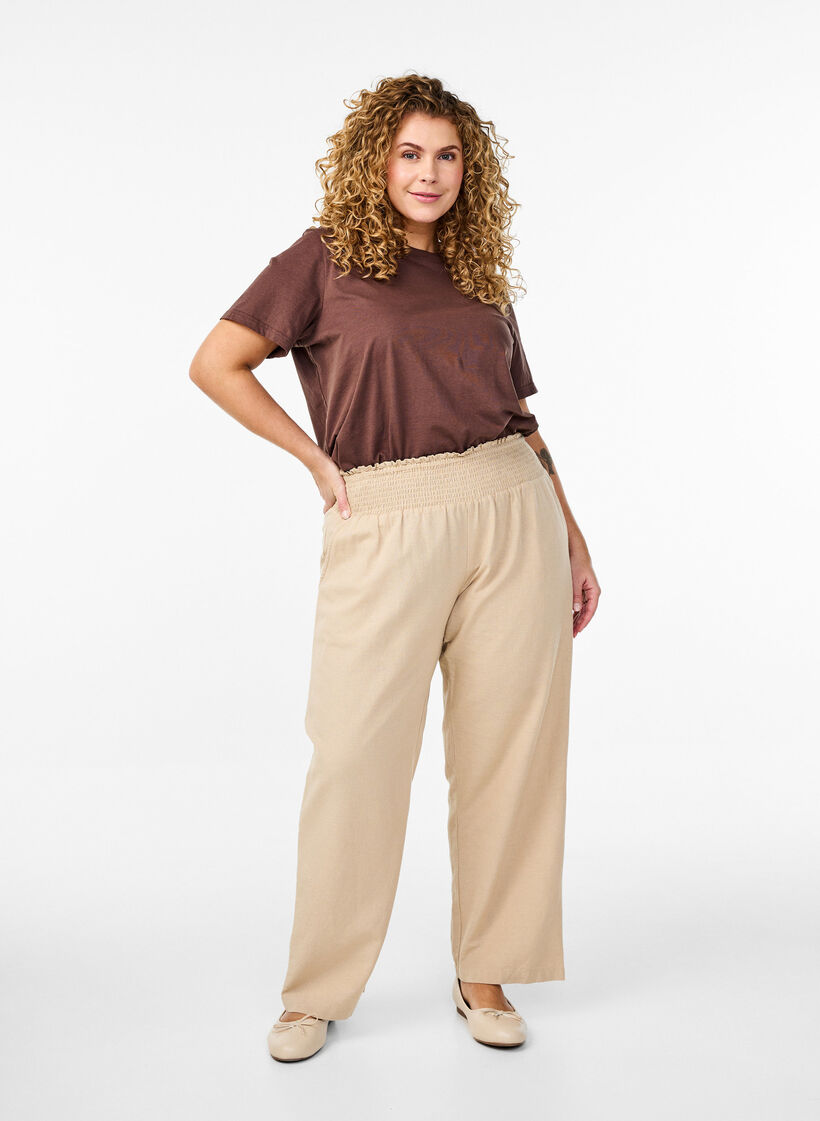 Pantalon smock&eacute; avec lin, Beige, Model image number 0