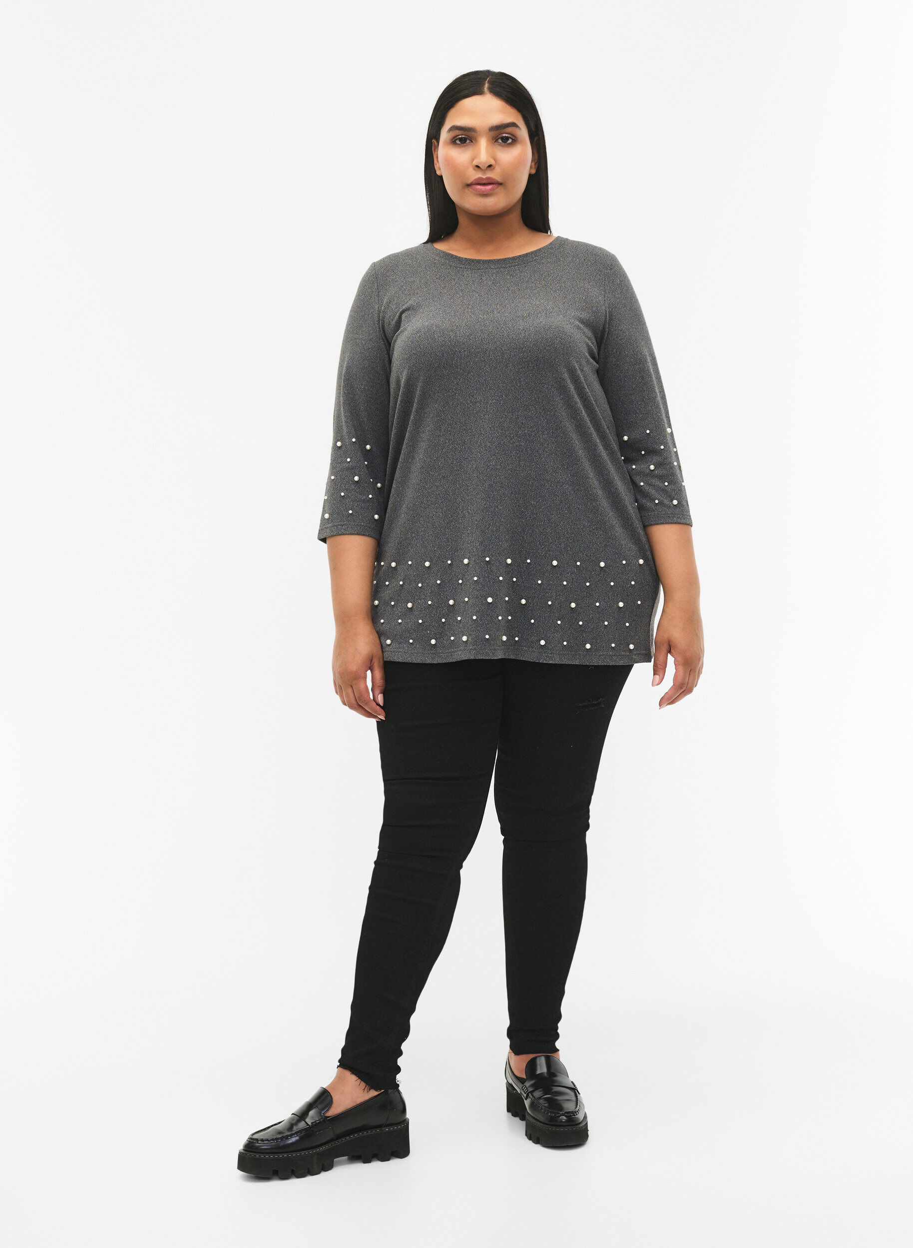 Zizzi Blouse avec perles et manches 3/4, Dark Grey Melange, Model image number 2