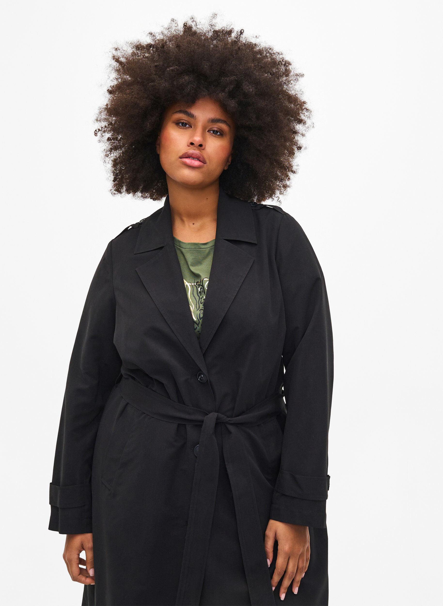 Zizzi Trench-coat long avec ceinture, Black, Model image number 2
