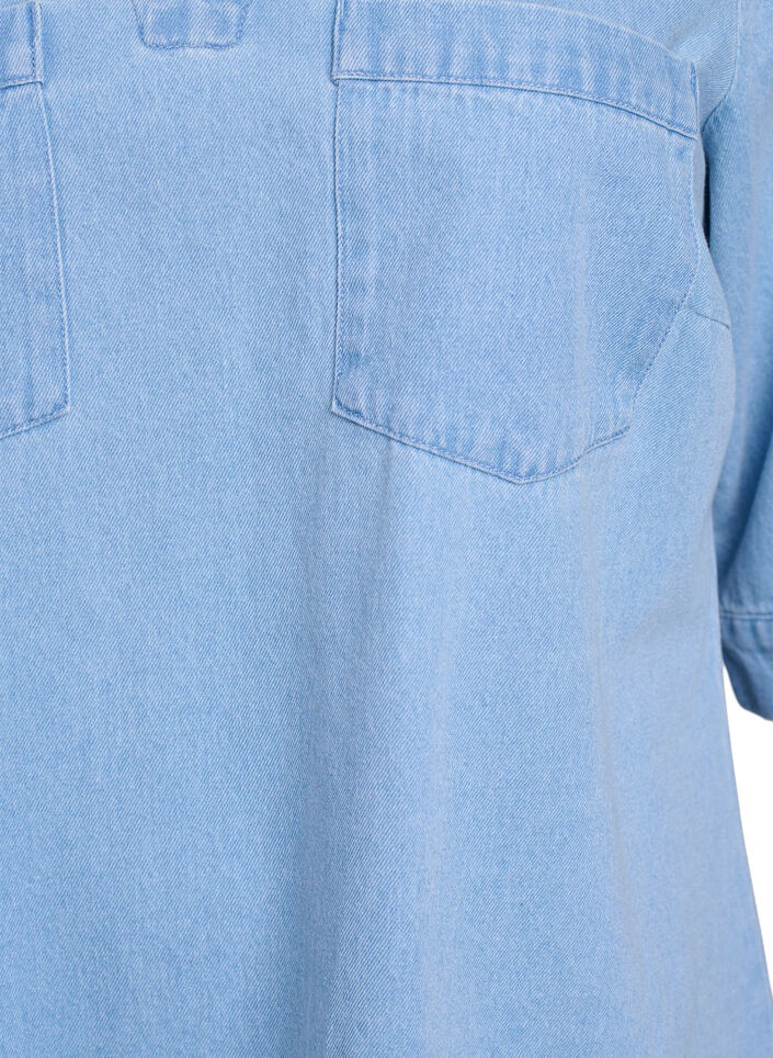 Courte robe en denim avec un col et un col en V, Bleu Clair, Packshot image number 2