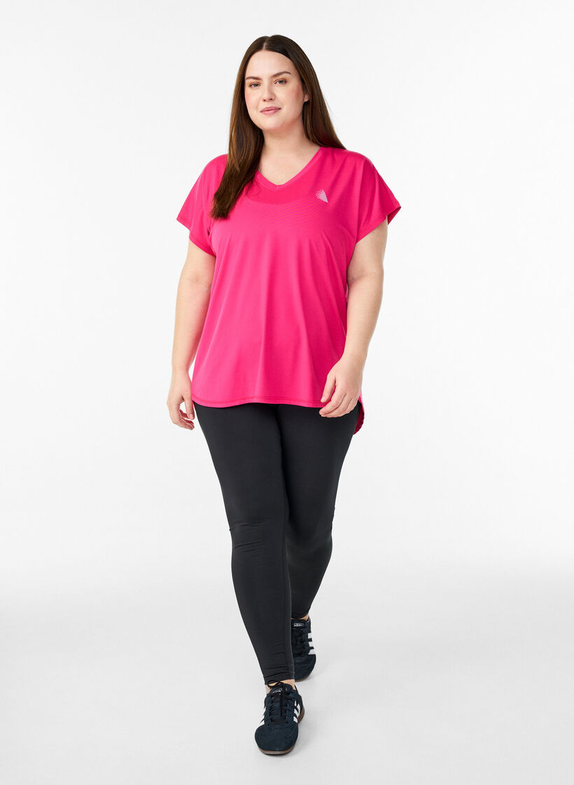 T-shirt de sport &agrave; manches courtes et col en V, Rose, Model image number 1